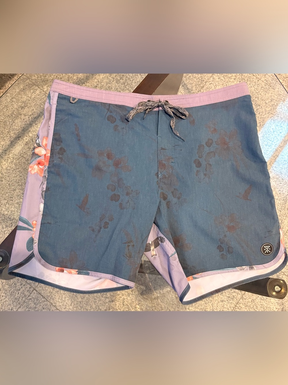 Roark Blue Boardshorts with Lavender Trim and Floral Side Panel